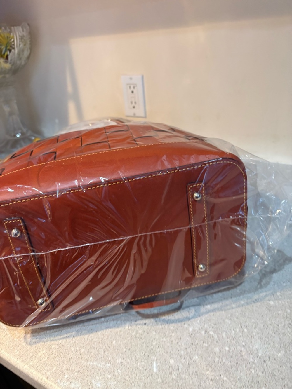 Dooney & Bourke Woven Belmar 30 Drawstring Shoulder Bag in tan. - Picture 3 of 7